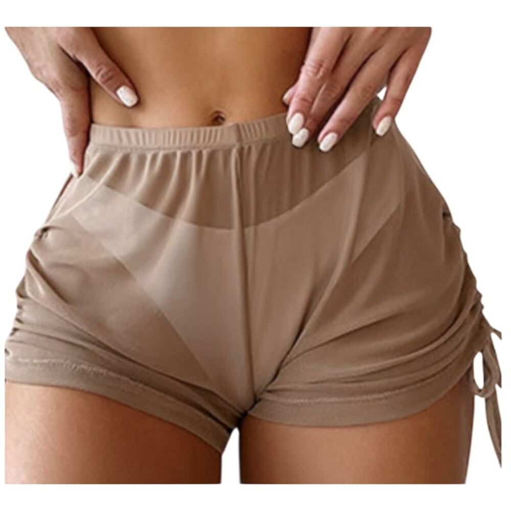 Sheer Mesh Beach Shorts Drawstring Swim Cover Up Beige Nude Womens Small